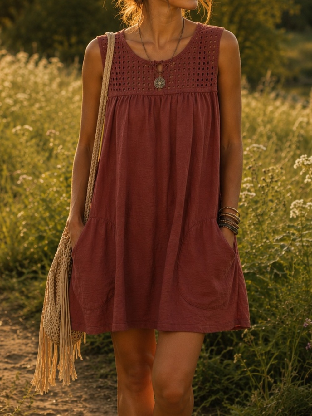 Aventura Seychelles Sleeveless Crochet-Yoke Mini Dress Dusty Rose Boho Indie - Picture 1 of 4